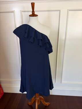 One-Shoulder Navy Ruffle Dress